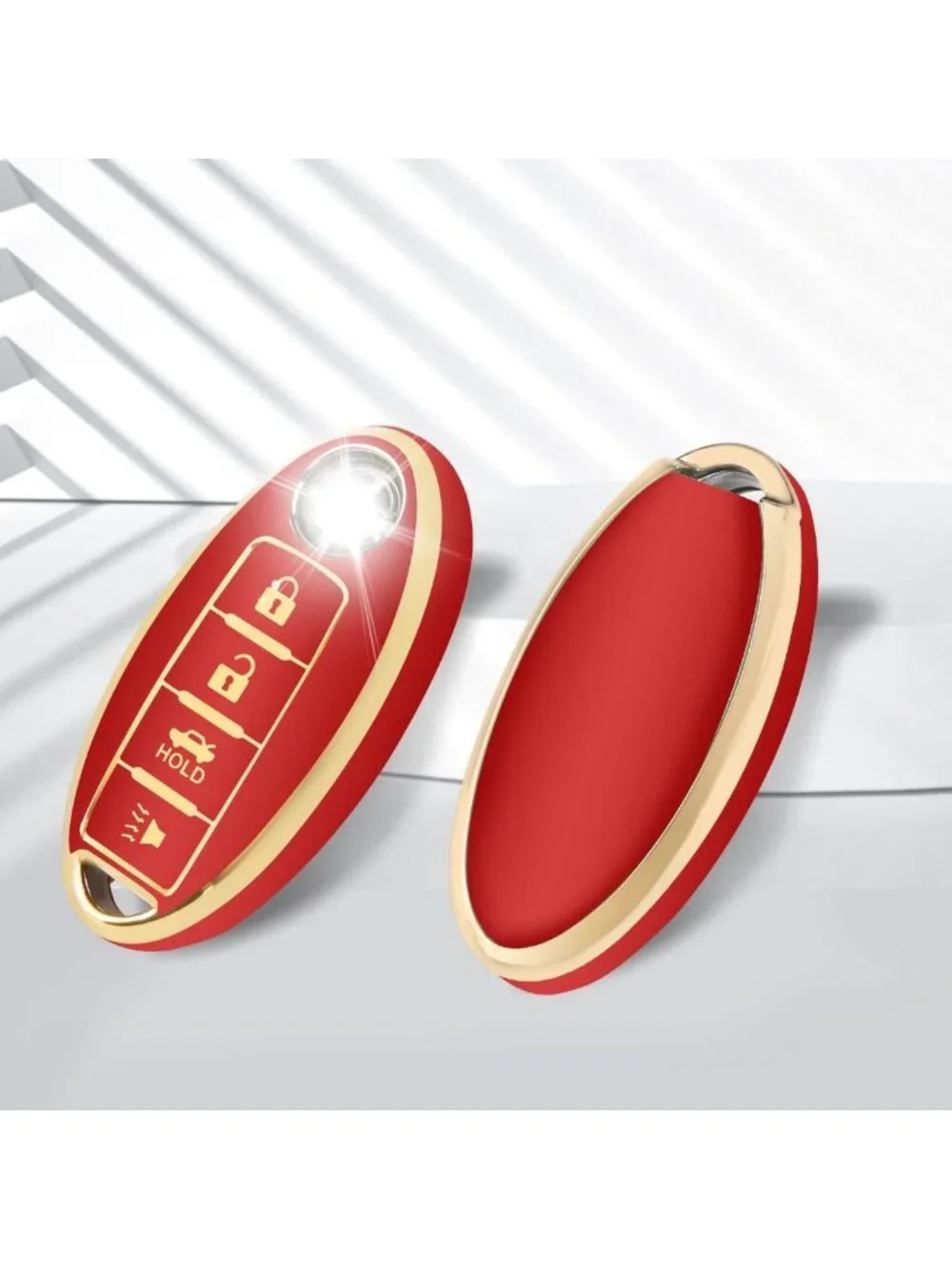 Stylish Red 4 Button Key Fob Cover - Soft TPU Key Case with Leather Keychain